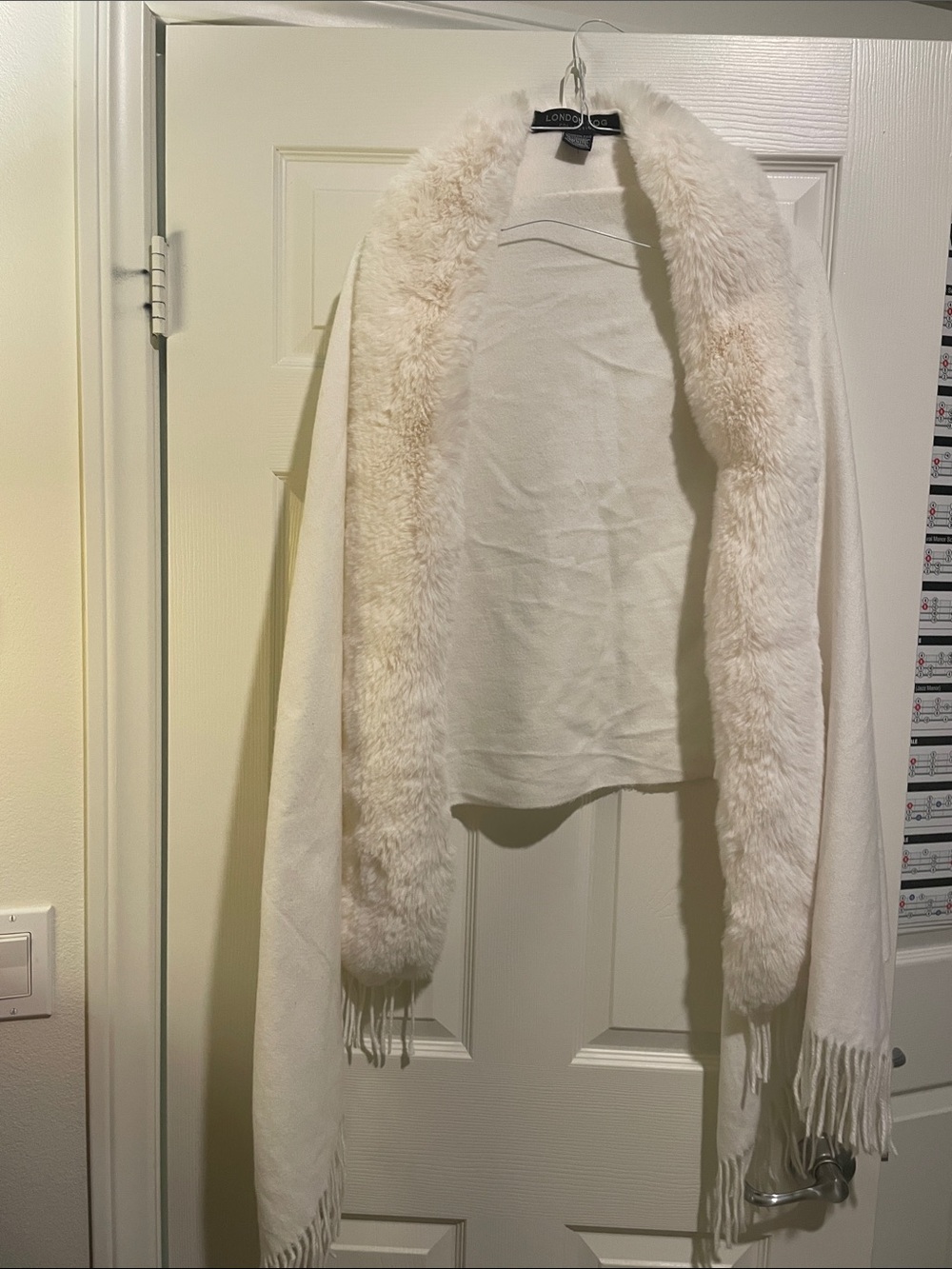 London Fog Cream Faux Fur Trim Wrap Shawl one size
